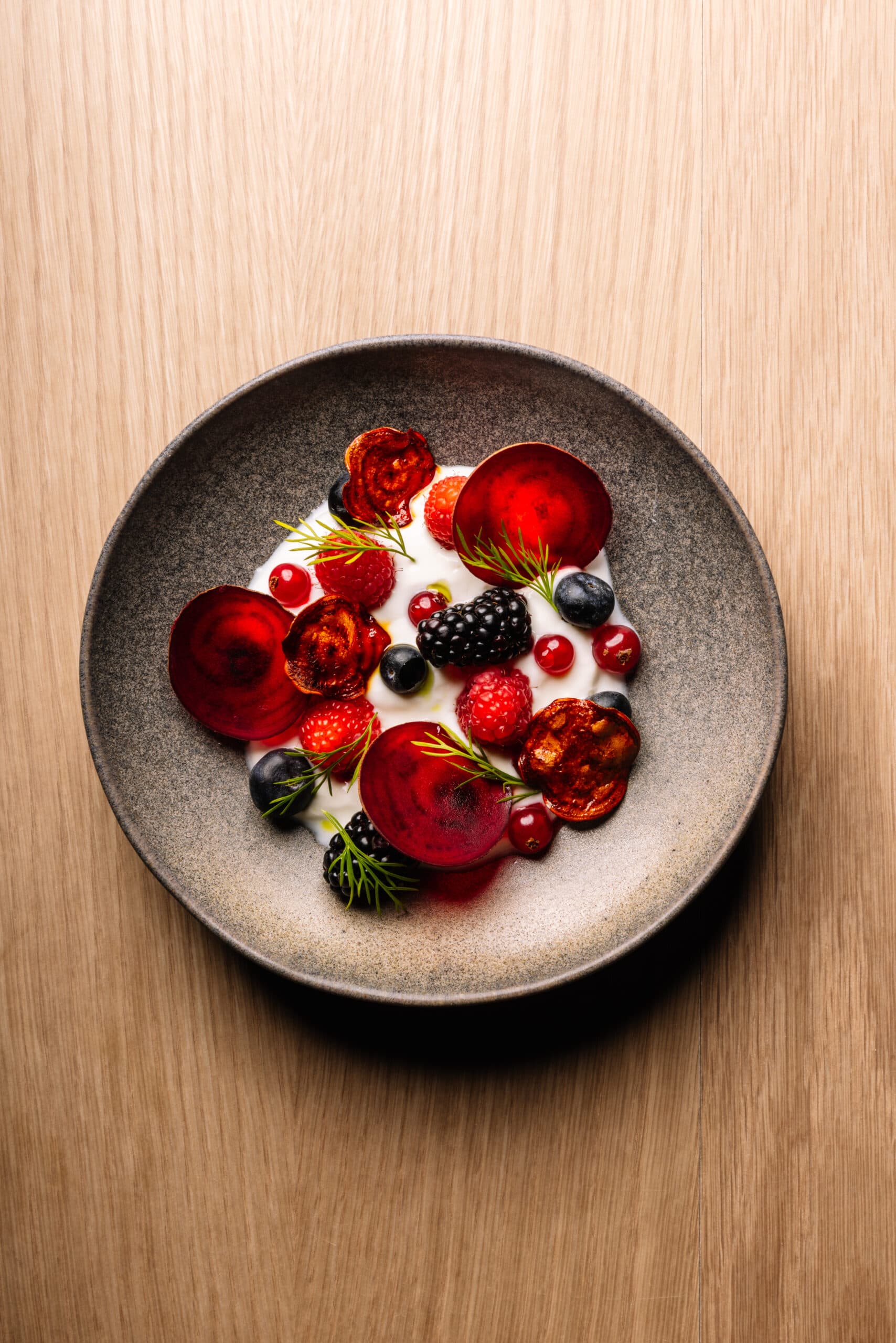 Labneh with red berries and beetroot